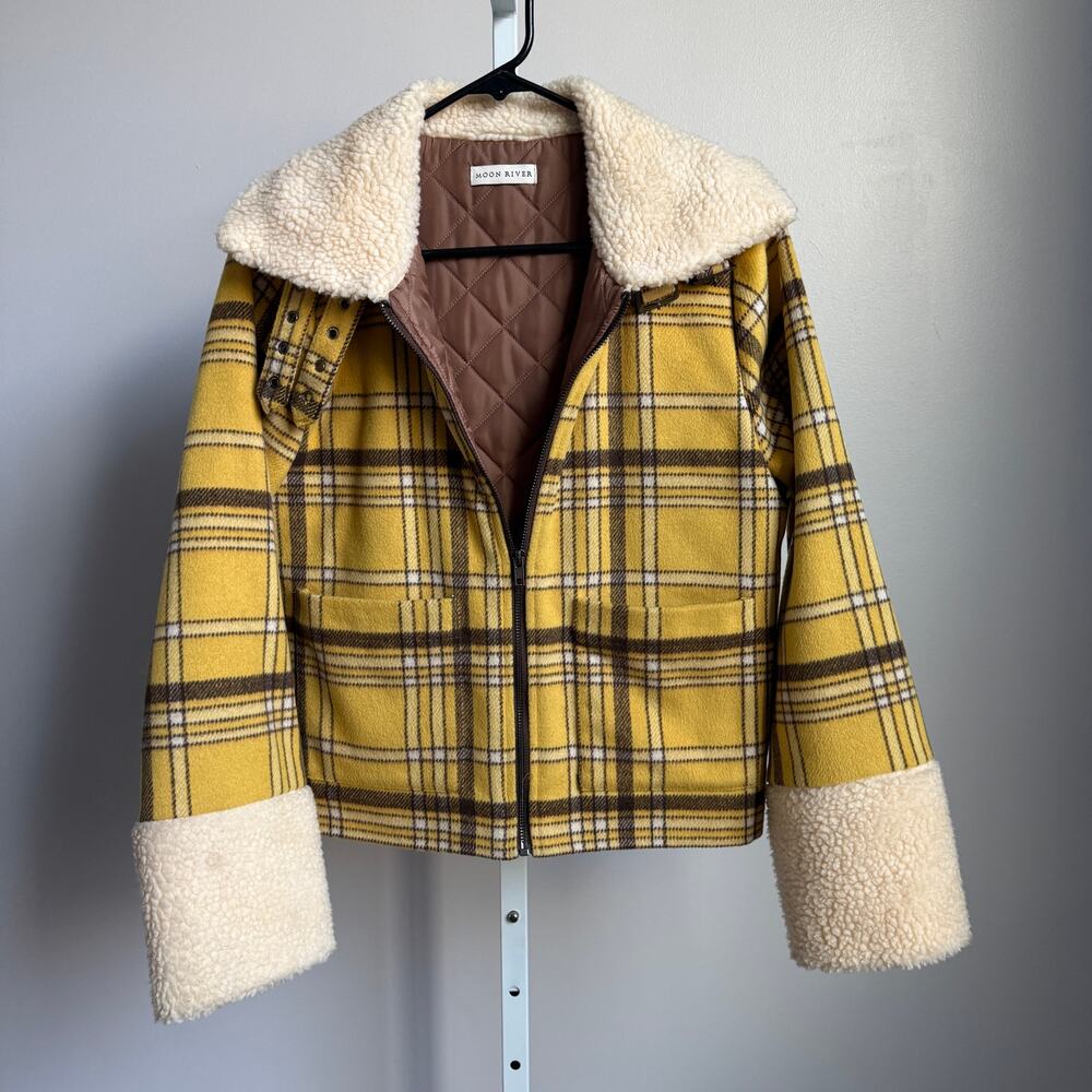 Anthro MOON‎ RIVER  Plaid Sherpa Collar Jacket sz M  Zip Front Cabin Outdoors